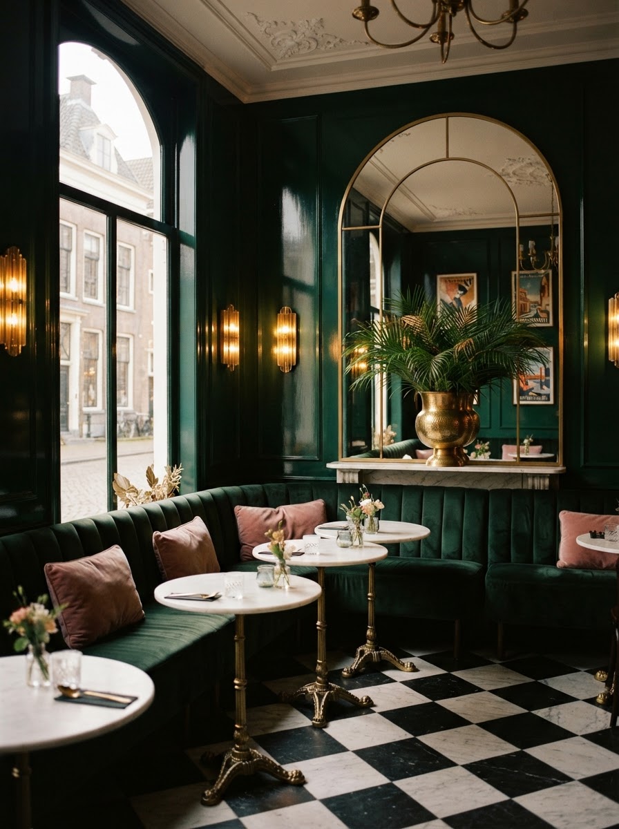 Het interieur van Miss Central: donkergroene wanden, messing sconces, groen velours banken en zwart-wit marmer op de vloer